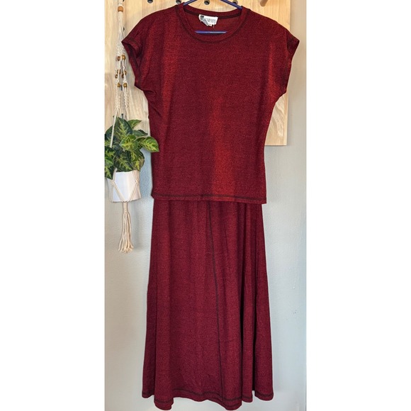 Vintage SK&Company Burgundy Heathered Crew Neck Cap Sleeve Midi Dress Women's - Picture 3 of 5